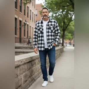 Men Fleece Shirt 3X Black Grey Buffalo Plaid Check Button Up Shacket / Coat